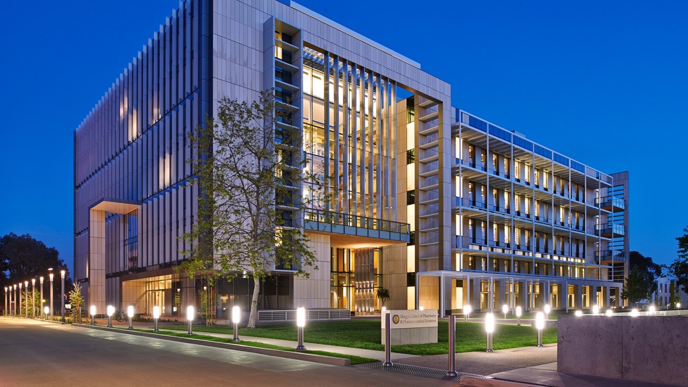 UCSD Biomedical Research Facility Exterior Lit Up at Dusk