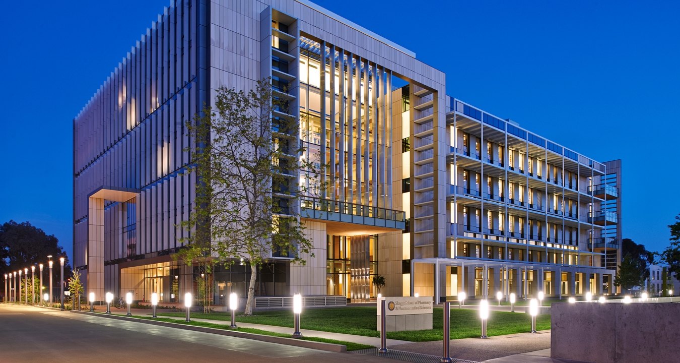 UCSD Biomedical Research Facility Exterior Lit Up at Dusk