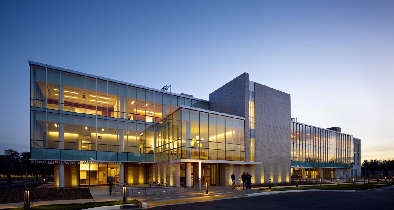 UC Davis Student Health & Wellness Center Exterior at Dusk