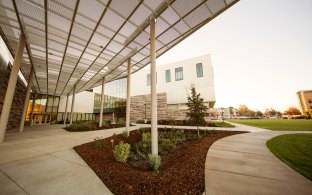 Walkways under and around canopy, planters and building in distance