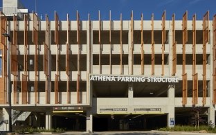 UCSD Athena Parking Structure entrance with signage on the structure