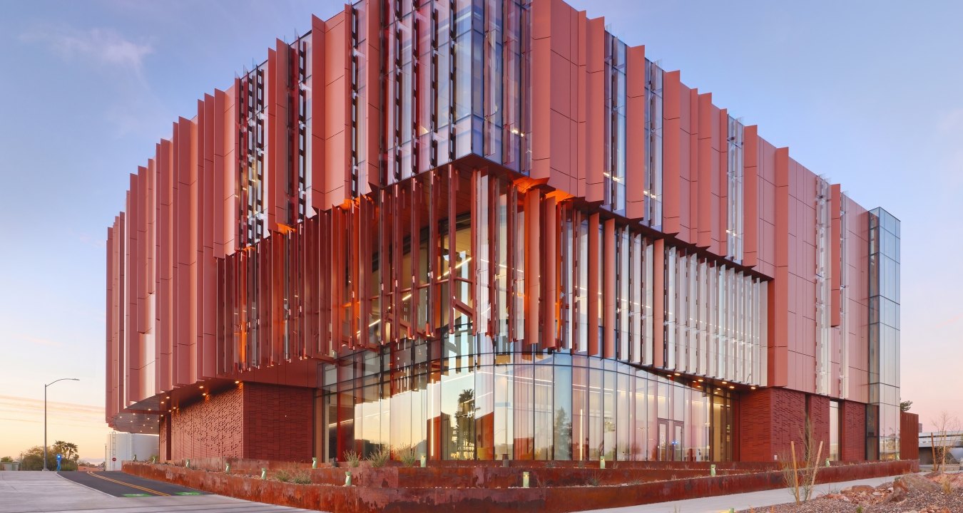 Outdoor image of the building with windows and panels sticking out