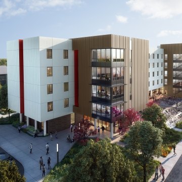 Exterior, aerial rendering of the student housing facility