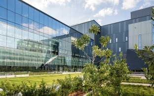 Exterior view of the VA hospital building with green landscaping in the forefront of the image