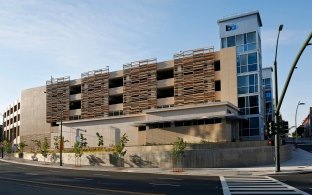 Exterior view of the parking garage. 