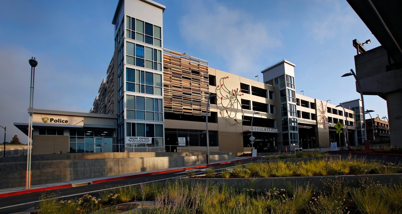 Exterior view of the parking garage. 